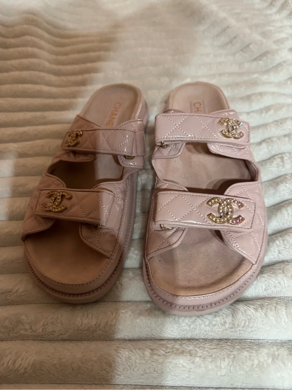 CHANEL Pale Pink Quilted Patent Leather Double-Strap Slide Sandals with Gold CC